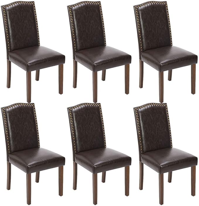 Kitchen Chairs Set of 6 Modern Upholstered Fabric Seat with Nailhead Trim and Ergonomic Lumbar Support for Living Room and Rustic Farmhouse Dining Area, Dark Brown
