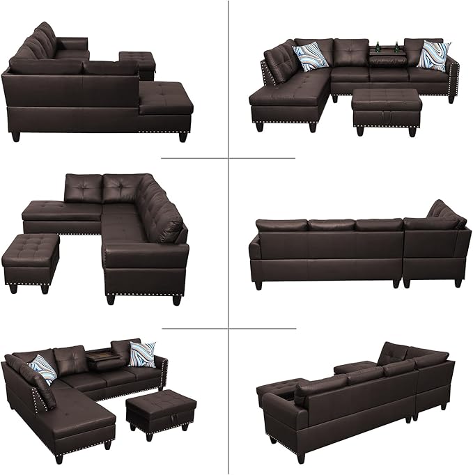 L Shaped Modular Sectional Sofa with Reversible Chaise Lounge, 5-Seater Corner Couch, PU Leather Convertible Sofá w/Movable Ottoman, Cup Holders, 2 Pillows and Rivet Ornament for Living Room