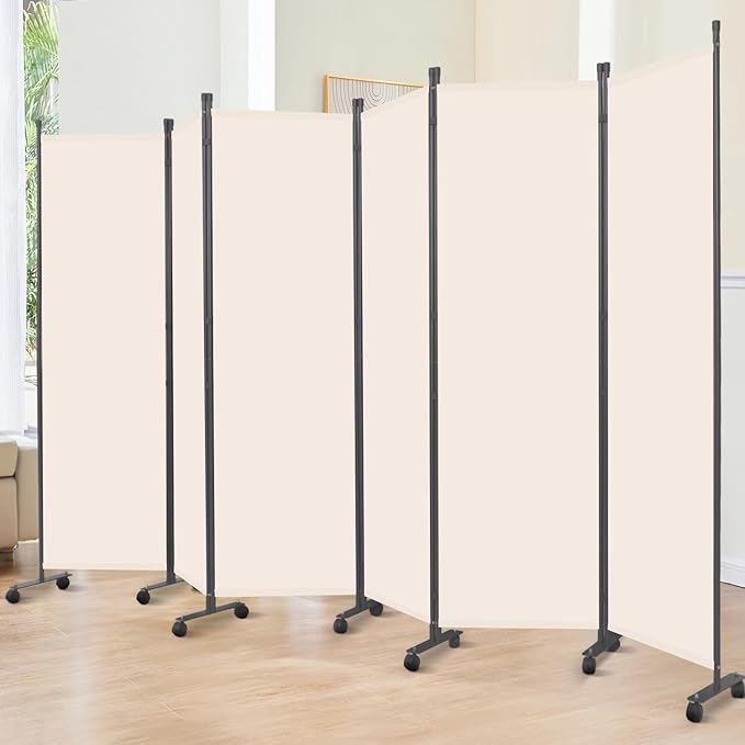 Room Divider 6FT Room Partition with Lockable Wheels, 6 Panel (Thicked Metal Base) Room Dividers, Freestanding Indoor Folding Privacy Screens, Portable Fabric Wall Divider for Room Separation, Beige
