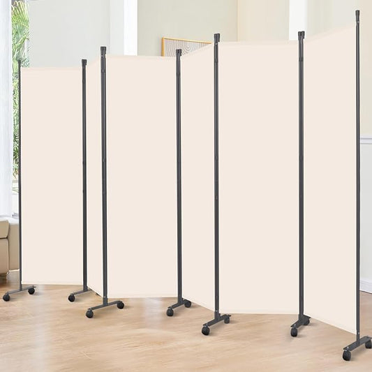 Room Divider 6FT Room Partition with Lockable Wheels, 6 Panel (Thicked Metal Base) Room Dividers, Freestanding Indoor Folding Privacy Screens, Portable Fabric Wall Divider for Room Separation, Beige