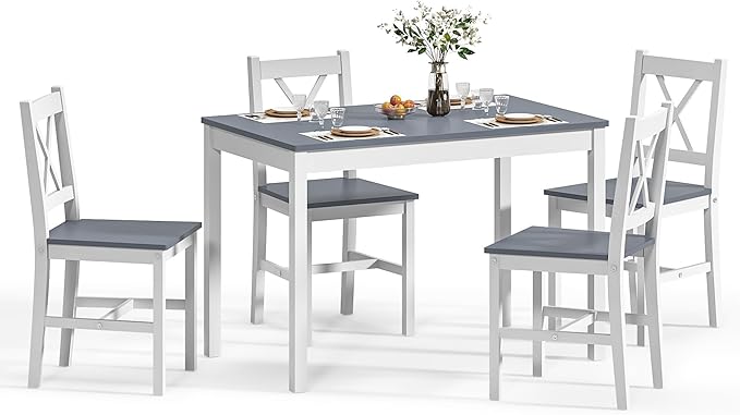 SogesPower Dining Table Set for 4, Wood Rectangular Kitchen Dining Table Set with 4 Chairs, 5-Piece Space-Saving Kitchen Table Set for Dining Room Small Space, Grey+White 43"
