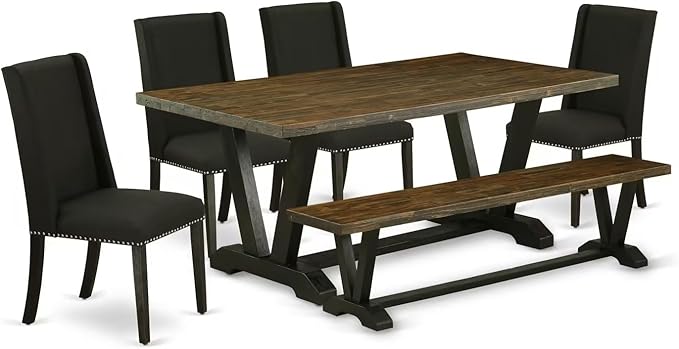 East West Furniture V677FL624-6 6 Piece Dining Room Set Contains a Rectangle Dining Table with V-Legs and 4 Black Linen Fabric Parson Chairs with a Bench, 40x72 Inch, Multi-Color