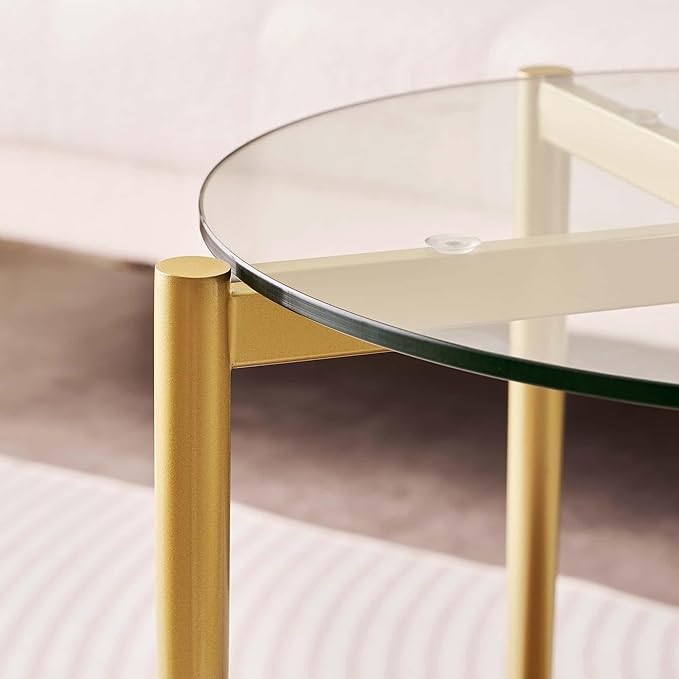 Round Glass End Table, Mid-Century Modern Design Sofa Table for Living Room, D18 x H23, 2-Tier Structure, Clear Glass Top and Walnut Shelf, Sleek Conical Legs with Gold Finish Frame