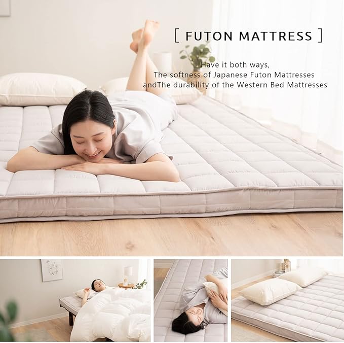 EMOOR Japanese Padded Futon Mattress Machi Full Gray, Gusset Foldable Storable Elastic Bands Floor Sleeping Guest Bed Tatami Mat