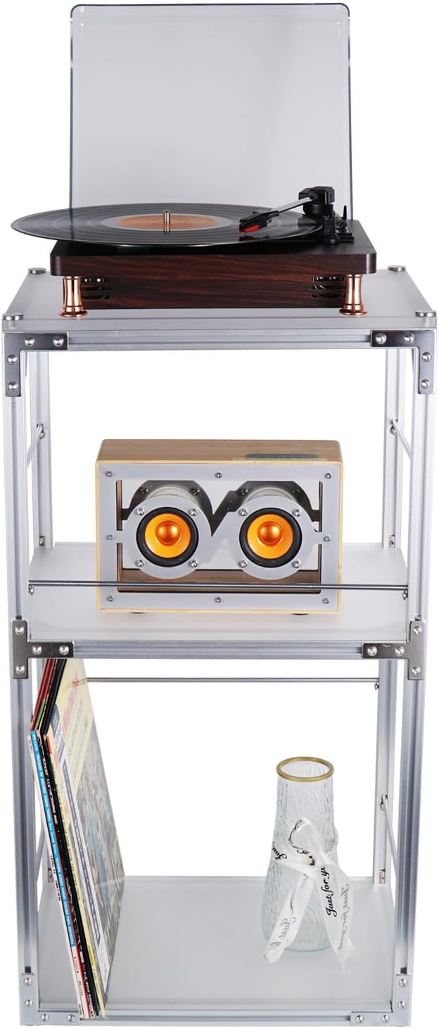 Record Player Stand with Vinyl Record Storage, End Table Style Record Stand, Silver Aluminum & Acrylic Vinyl Record Stand, Modern Record Table