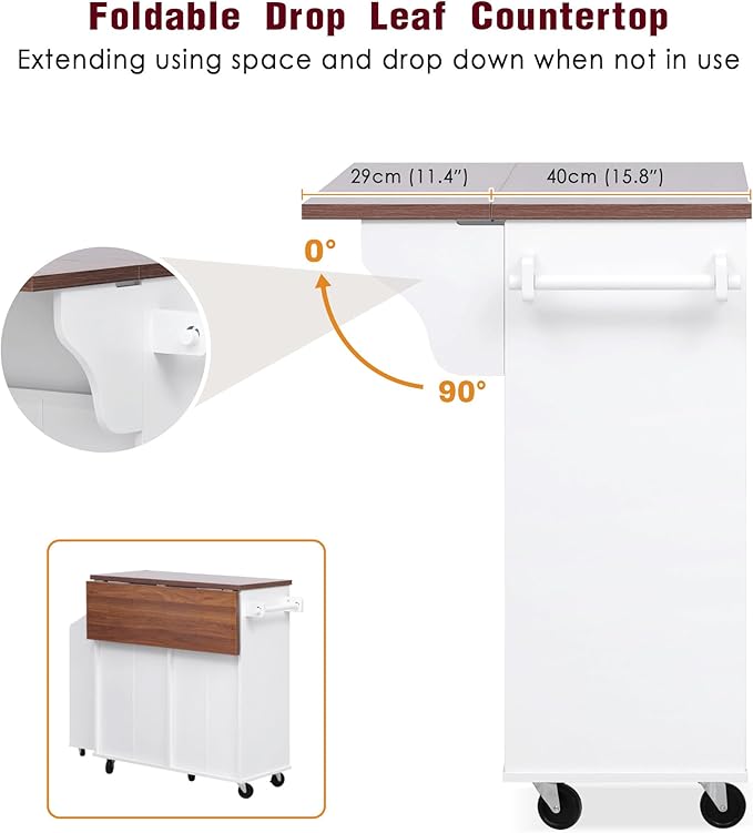 Ball & Cast Farmhouse Kitchen Island with Drop Leaf,Rolling Kitchen Cart on 5 Wheels W/Removable Side Racks and 2 Drawers,Kitchen Storage Cart W/Towel Rack,for Kitchen,Dining Room,White,47.2"