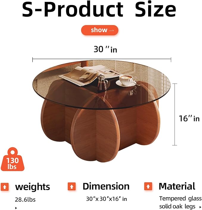 Modern Round Glass Coffee Table - Mid Century Small Coffee Table for Living Room, Suitable for Bedroom Living Room Reception Offices Couch Tables(Walnut/Brown)