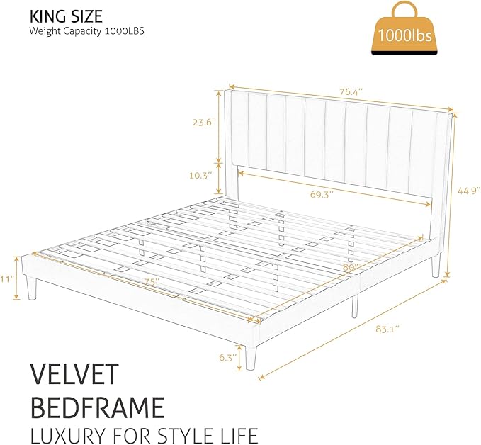 SHA CERLIN King Bed Frame/Velvet Upholstered Platform Bed Frame with Headboard/Strong Wood Slats Support/Mattress Foundation/No Box Spring Needed/Easy Assembly/White
