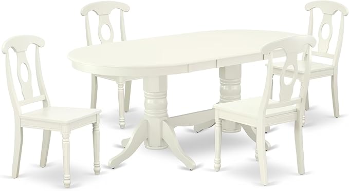 East West Furniture VAKE5-LWH-W 5 Piece Kitchen Table Set for 4 Includes an Oval Dining Room Table with Butterfly Leaf and 4 Solid Wood Seat Chairs, 40x76 Inch, Linen White