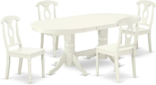 East West Furniture VAKE5-LWH-W 5 Piece Kitchen Table Set for 4 Includes an Oval Dining Room Table with Butterfly Leaf and 4 Solid Wood Seat Chairs, 40x76 Inch, Linen White