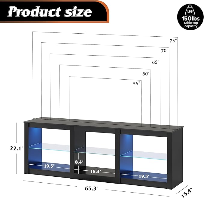 WLIVE TV Stand for 55/65/75 Inch TV, Modern Entertainment Center with LED Lights & Adjustable Glass Shelves, Sturdy Media Console for Living Room, Bedroom,Gaming (Black)