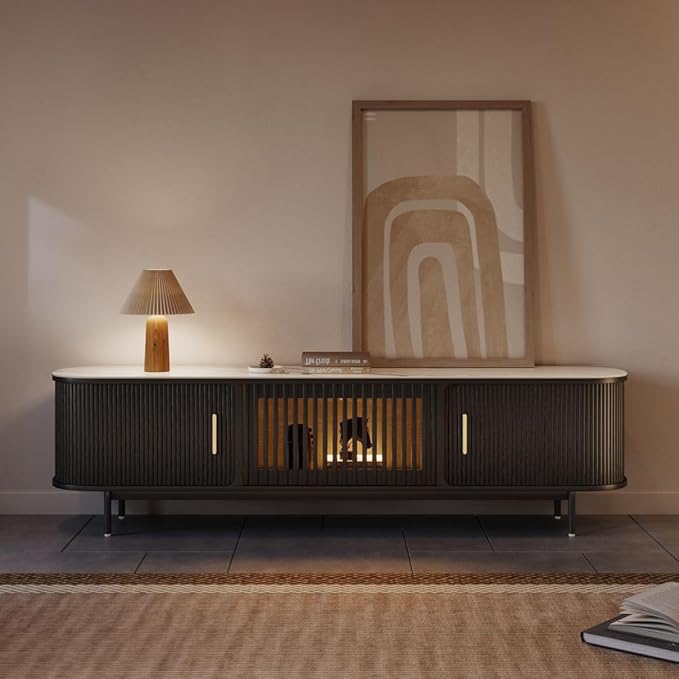 POVISON Fully-Assembled Mid Century Modern Black TV Stand with White Glossy Sintered Stone Tabletop & LED Lights, Rolling Door Media Console, Wood TV Console for Living Room