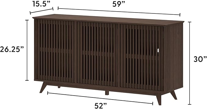 Plank+Beam Mid-Century Modern Wood TV Stand, Three Door Solid Wood Entertainment Console with Storage, 59" L x 16" W x 30" H, Walnut