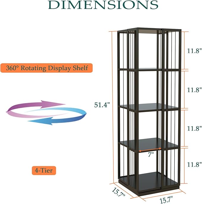 Square Rotating Bookshelf Tower - 360 Spinning Display Corner Bookcase for Narrow Space, Modern 4-Tier Revolving Storage Shelf, Black