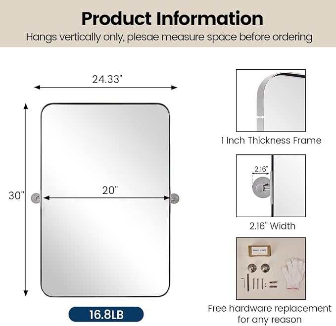 MOON MIRROR Polished Chrome Pivot Mirror for Bathroom, Tilt Bathroom Vanity Mirror,Rounded Rectangle Pivoting Mirror, Overall 24.33 x 30 in (Mirror 20x 30 in)