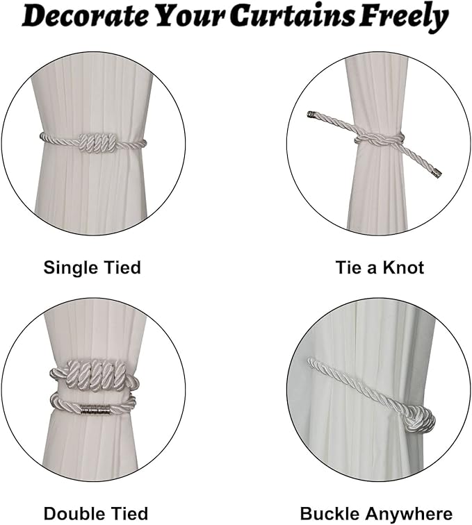 BEL AVENIR Magnetic Curtain Tiebacks, Decorative Drapery Holdbacks Modern Woven Tie-Backs with Exquisite Knot (White, 6 Pack)