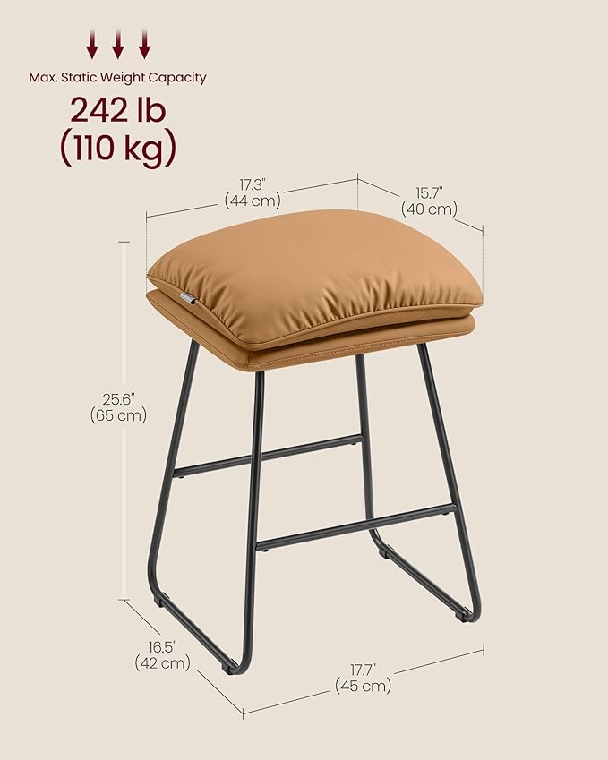 VASAGLE Bar Stools Set of 4, Counter Height Bar Stools, Leather Counter Stools Barstools with Soft Cushion and Metal Sled Legs, 25.6 Inches Bar Height Bar Chairs for Kitchen Island, Caramel Brown
