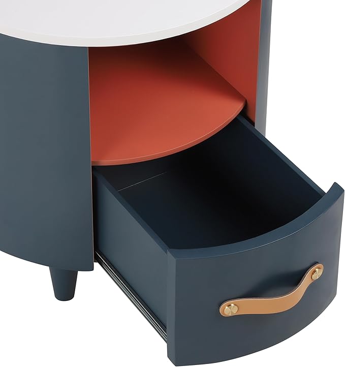Merax Round Nightstand with Storage Drawer, MDF Contemporary Modern Bedside Table with Open Storage Shelf, Curved Design Sofa End Table for Bedroom & Living Room, Easy Assembly, Blue