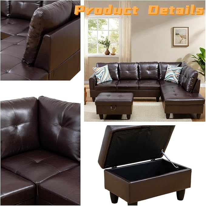 L Shaped Sectional Couch with Otttoman, 97" Leather Sectional Sofa for Living Room Modular Couches with Cup Holders for Bedroom, Apartments, Brown