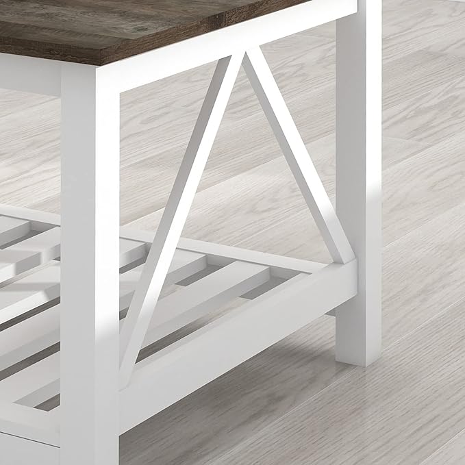 Farmhouse Coffee Table, White OakCoffee Table for Living Room, 2-Tier Rectangular Wooden Centre Cocktail Table with Slats Shelf Storage and V-Shaped Frame Modern Coffee Table Dark Oak