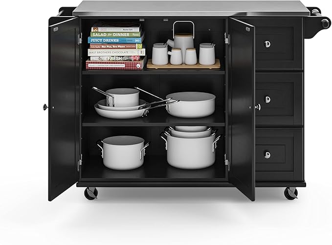 Homestyles Dolly Madison Black Mobile Kitchen Island Cart with Stainless Steel Top