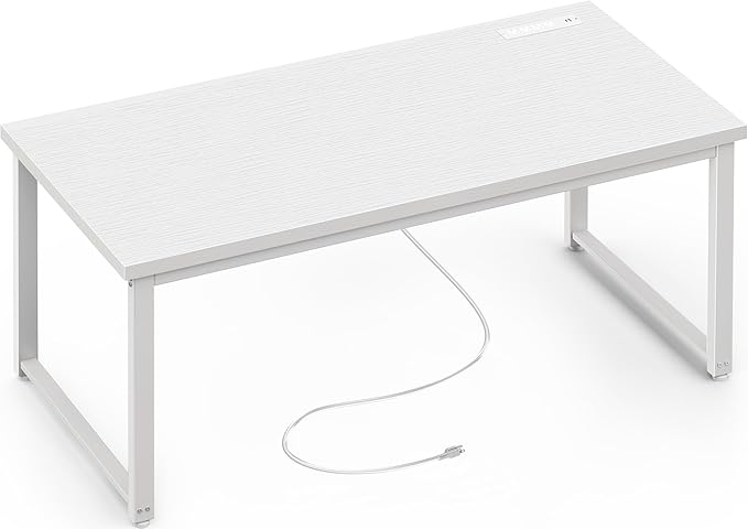 Huuger 55 x 24 inch Desk with Power Outlets & USB-C, Deeper & Thicker Desktop, Robust Metal Tubes, Computer Desk, Heavy Duty Office Desk, Work Gaming Desk for Home Office, White