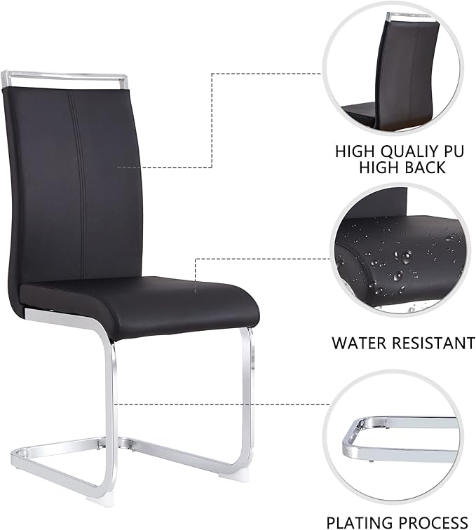 Dining Chairs Set of 8, Kitchen Modern Metal Chairs with Faux Leather Padded Seat High Back and Sturdy Chrome Legs, Chairs for Dining Room (Black, Set of 8)