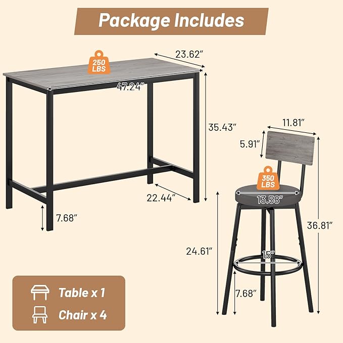 Dining Table Set for 4, 5-Piece Bar Table Set, Kitchen Table and Chairs, Counter Height High Top Table with 4 PU Upholstered Stools, Space-Saving Pub Table Sets for Small Space, Gray