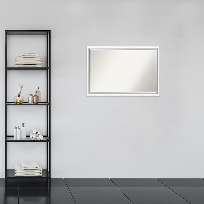 Amanti Art White Bathroom Mirror for Over Sink, 26x38 Morgan White Blue Rectangle Vanity Mirror, Large Modern Contemporary Wood Frame, Hangs Horizonally and Vertically, Bathroom Wall Decor, Beveled