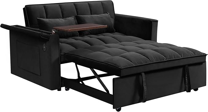 Ball & Cast 55" 3 in 1 Sleeper Sofa Bed Velvet Upholstered Pull Out Couch with Adjustable Back & 2 Pillows,Convertible Futon Sofa Bed W/Hidden Side Table,Side Pocket & USB Port,for Living Room,Black
