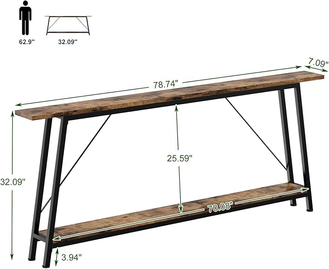 IBUYKE 78.7 Inches Extra Long Sofa Table Behind Couch, Industrial 2-Layer Console Table for Hallway, Entryway & Living Room,Rustic Brown UTMJ063H