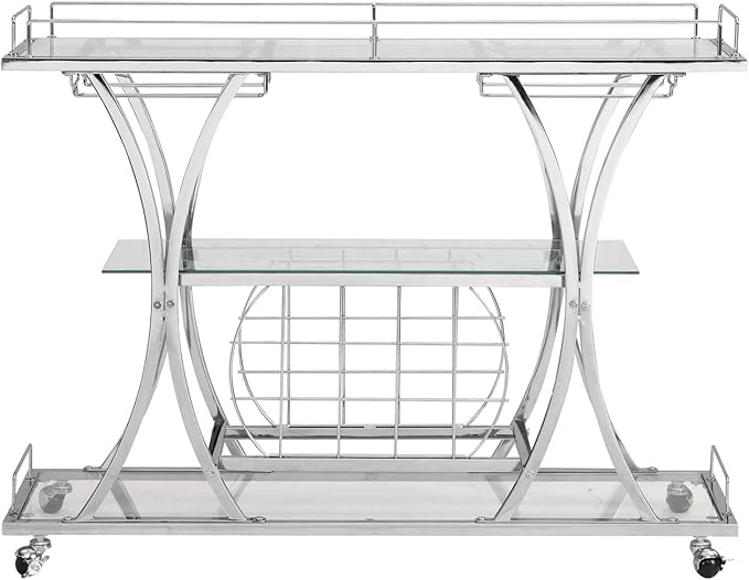Silver Bar Carts with Glass Holders & Wine Rack,3 Tier Home Bar Serving Carts with Glass Shelves,Metal Rolling Bar Carts for The Home Kitchen, Party