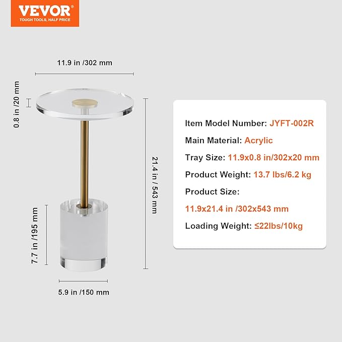 VEVOR Clear Acrylic End Table, Acrylic Side Table with a Solid Base for Coffee, Drink, Food, Snack Used in Living Room & Bedroom