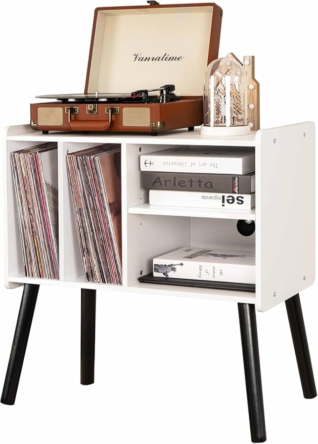 Record Player Table, Mid-Century Record Player Stand with Vinyl Storage Hold Up to 150+ Albums, Vinyl Record Cabinet with Adjustable Shelves, Wood Turntable Stand for Music Living Room (White)