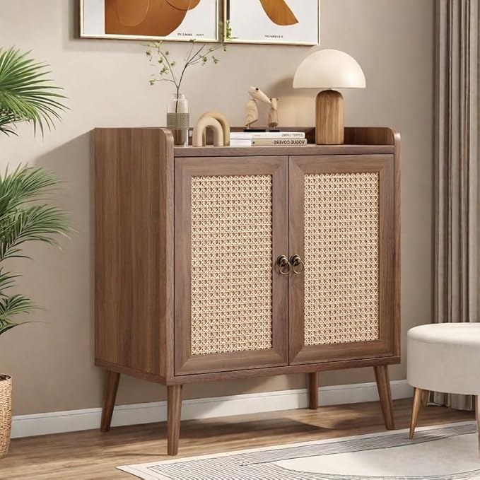 Buffet Cabinet, Rattan Storage Cabinet with Round Pull Rings, Sideboard with Ample Storage, Bar Liquor Shelf with 2 Doors for Living Room, Hallway, Light Brown