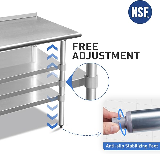 ROCKPOINT Stainless Steel Table for Prep & Work with Backsplash 30x72 Inches, NSF Metal Commercial Kitchen Heavy Duty Table with Adjustable Under Shelf and Table Foot for Restaurant, Home and Hotel