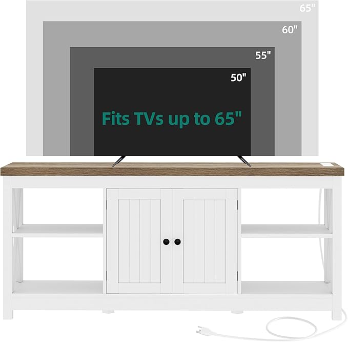 YITAHOME TV Stands for Living Room, Modern Entertainment Center with Power Outlets for Television up to 65 Inch, Farmhouse Media Console TV Cabinet with Adjustable Shelf & Open Shelves, White