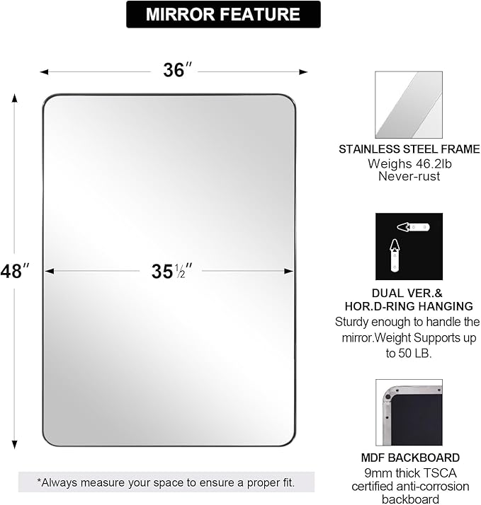 ANDY STAR 36"x48"Chrome Bathroom Mirror, Large Wall Mirror for Bathroom, Rounded Rectangle Mirror in Premium Stainless Steel Metal Frame Hangs Horizontal Or Vertical…