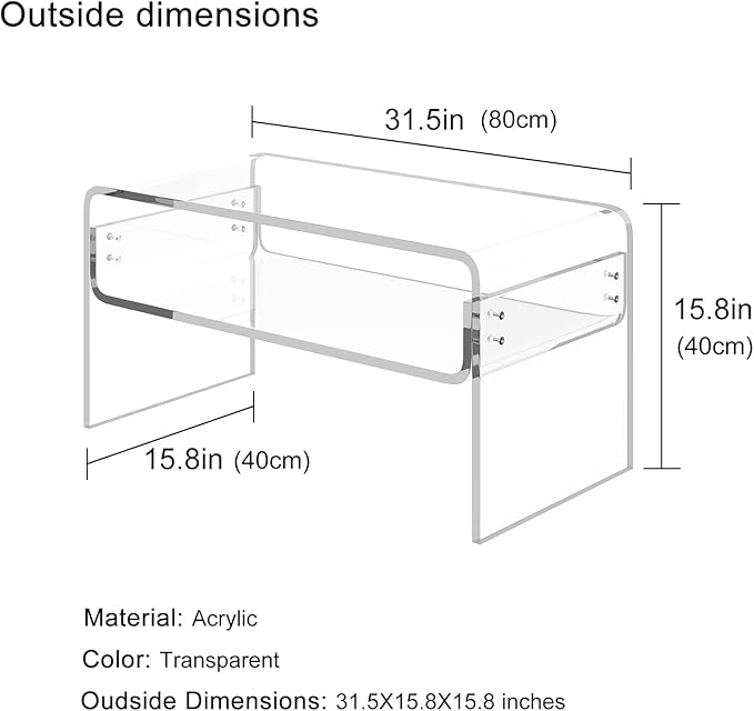 Acrylic Coffee Table, Clear Rectangle Side Table Furniture, Modern Tea Table With Open Storage, End Table for Living Room, Office Reception and Bedroom