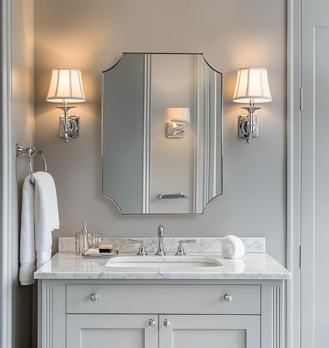 ANDY STAR Brushed Nickel Mirror 22x30 Inch, Scalloped Bathroom Mirror, Silver Bathroom Mirror in Anti-Rust Stainless Steel Metal Thin Frame Deep 1’’, Wall-Mounted Mirror (Horizontal/Vertical)