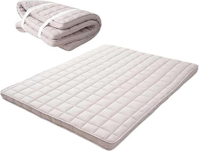 EMOOR Japanese Padded Futon Mattress Machi King Gray, Gusset Foldable Storable Elastic Bands Floor Sleeping Guest Bed Tatami Mat