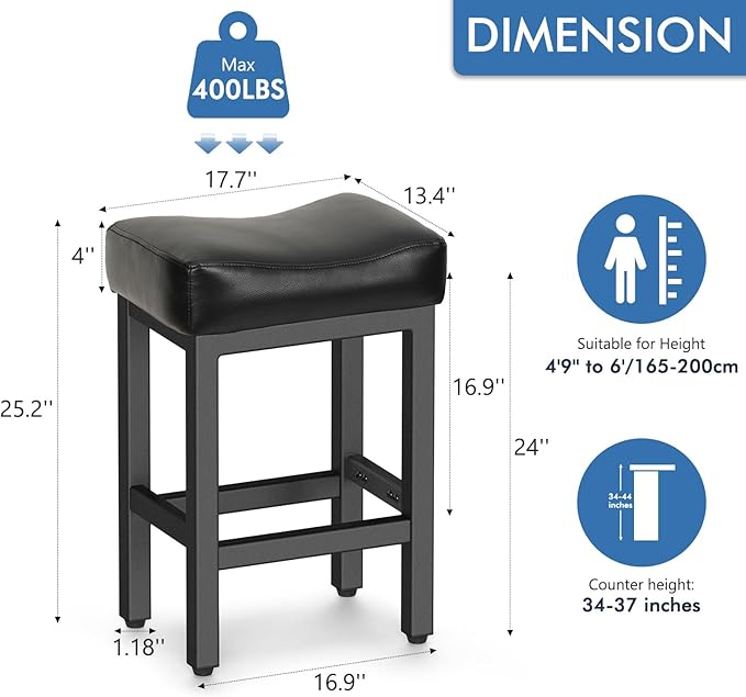 Counter Height Bar Stools Set of 2, 24 Inch Barstools for Kitchen Island Counter, Bonded Leather Kitchen Stools with Thick Saddle Seats & Heavy Duty Metal Base, Easy Assembly, All Black