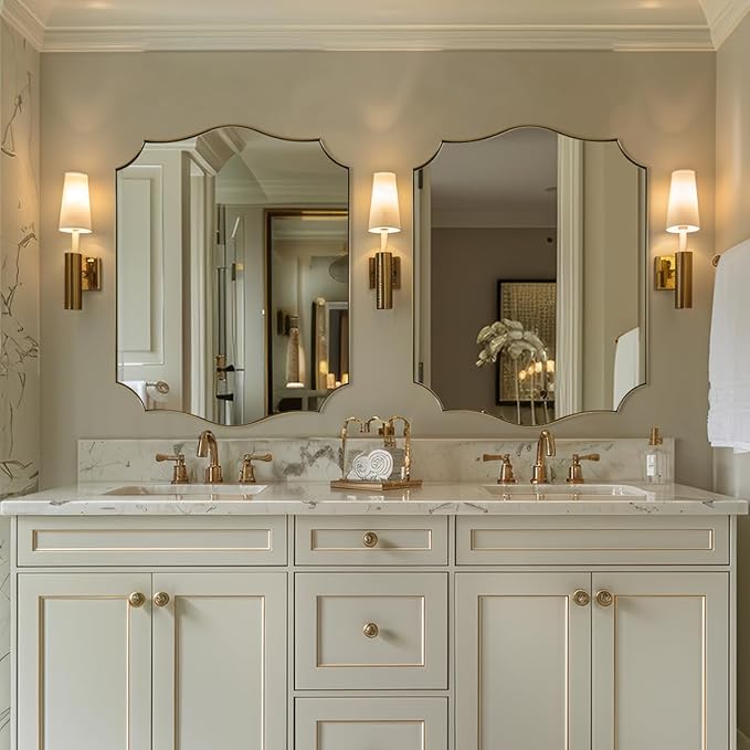 28x36 Inch Gold Scalloped Mirror, Bathroom Vanity Mirror with Stainless Steel Metal Frame, Anti-Rust, Shatterproof HD Glass, Unique Irregular Mirror for Bathroom, Bedroom, Living Room
