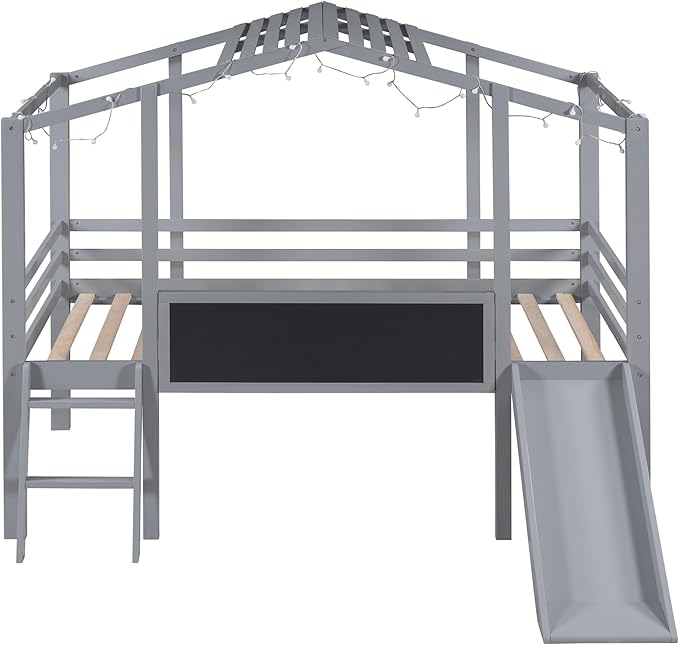 Ball & Cast Twin Size House Loft Bed with Ladder and Slide,Wood Bunkbed w/Blackboard and Light Strip on The Roof,Slat Support,Space Saving,Bedroom Furniture for Student Dorms,Gray