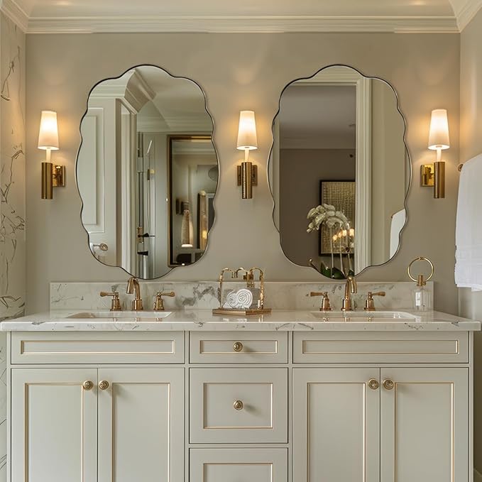 ANDY STAR Oval Bathroom Mirror, 24x36 Inch Scalloped Wall Mirror, Modern Brushed Gold Wavy Mirror, Anti-Rust Brass Metal Mirror for Bathroom Hang Vertical or Horizontal
