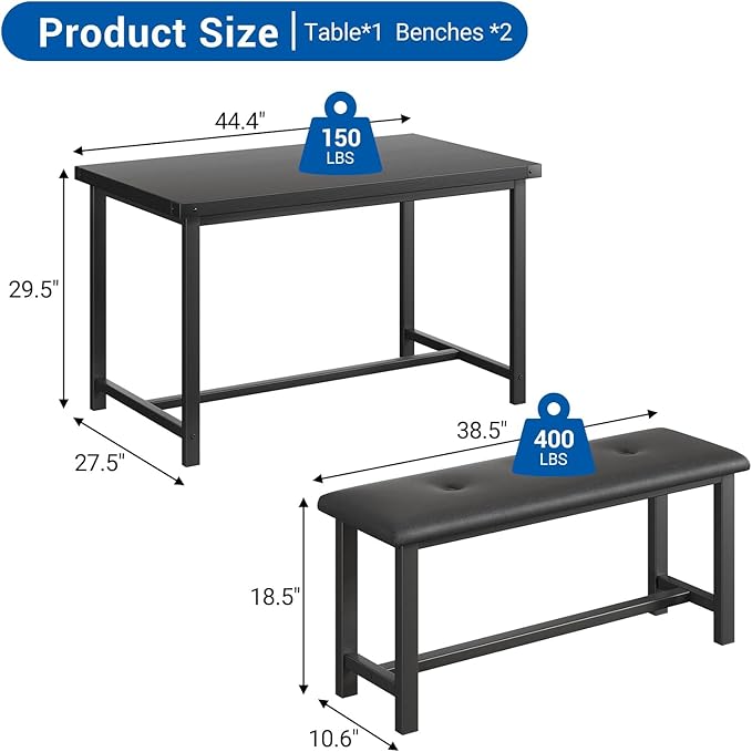 Garvee Dining Table with 2 Benches, Kitchen Table with 2 Upholstered Benches Rectangular Space Saving for Apartment, Dining Room, Kitchen, 44.5 Inches Large, Black