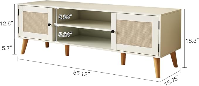 TV Stand for TVs up to 65 inches, Rattan Grain Finish Panel with 2 Storage cabinets, Modern Minimalist Style, Living Room, Audio-Visual Room for Multiple Rooms,3 Colors Available (White)