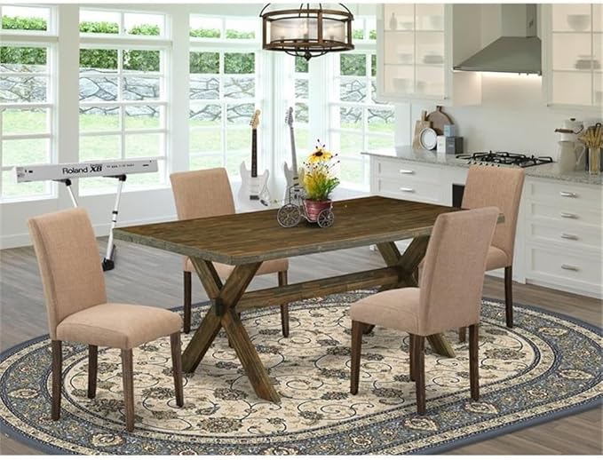 East West Furniture X777AB747-5 5 Piece Dining Table Set for 4 Includes a Rectangle Kitchen Table with X-Legs and 4 Light Sable Linen Fabric Parsons Dining Chairs, 40x72 Inch, Multi-Color