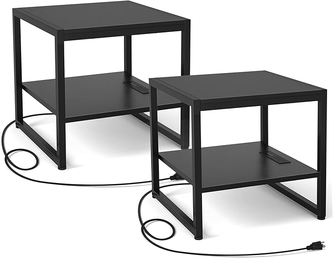 Homieasy End Table with Charging Station, 20 Inch Mini Fridge Stand with 2-Tier Open Shelf, Square Bedside Nightstand & Sofa Side Table for Small Spaces, Black - 2 Pack