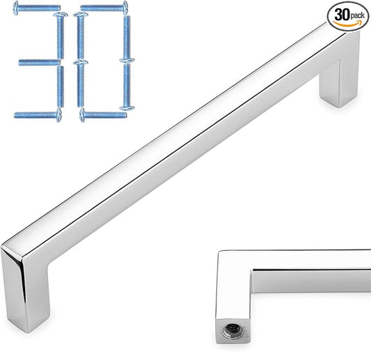 KOOFIZO 30-Pack Solid Square Bar Cabinet Handle - Chrome Furniture Pull, 5 Inch/128mm Screwhole Distance for Kitchen Cupboard Door, Bedroom Dresser Drawer, Bathroom Wardrobe Hardware